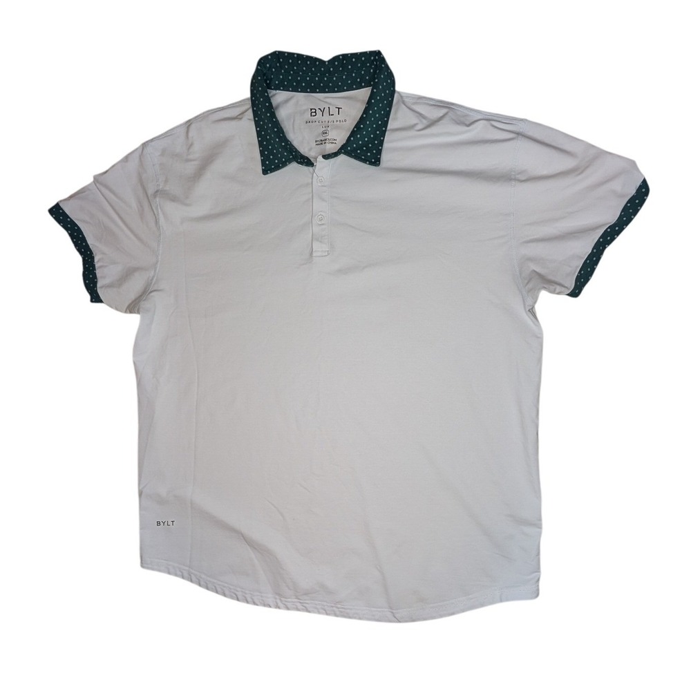 BYLT Polo Shirt Mens XXL White Drop Cut Lux Short Sleeve Polka Dot Trim Stretch